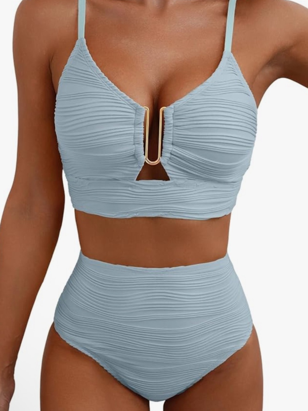 Herseas NWOT M OCEAN Light Blue TIK TOK VIRAL GOLD U High-Waist Bikini Set